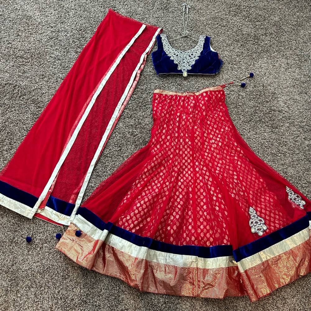 Heavy velvet net lehengas with net dupatta/stole and heavy embroidered blouse.